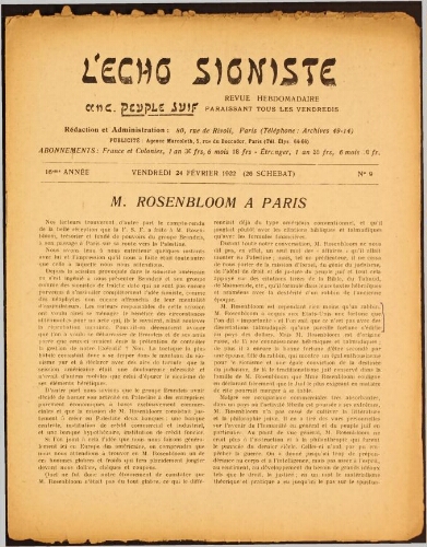 L'Echo Sioniste. Vol. 16 n° 9 (24 février 1922)